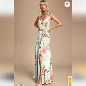 Lulu's Still the One Sage Green Floral Print Satin Maxi Dress